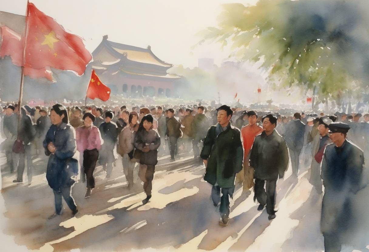 Watercolor painting based depiction of Student demonstrations continued in Beijing as the Tiananmen Square Protests peaked in attendance. (1989)