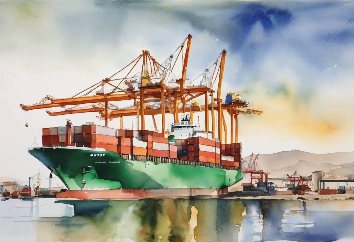 Watercolor painting based depiction of On January 2, 2021, India delivered two more mobile harbour cranes to Iran at the strategically located Chabahar port, marking a development in the cooperation between the two countries. (2021)