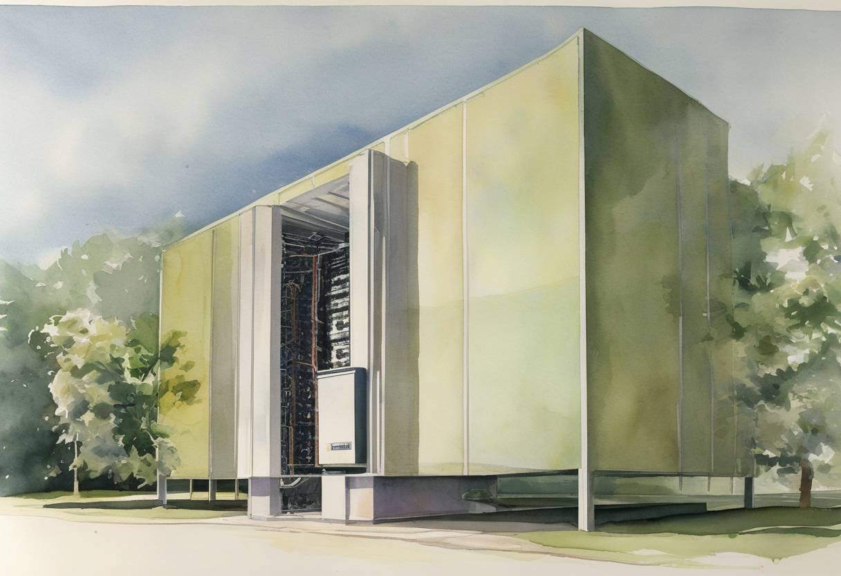 Watercolor painting based depiction of The IBM 360/91 supercomputer is turned off at NASA's Goddard Space Flight Center in Maryland, marking the end of its use. (1969)