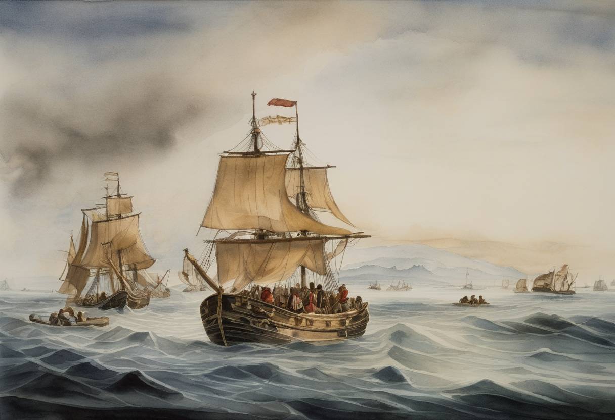 Watercolor painting based depiction of The mutinous crew of Henry Hudson's fourth voyage set Hudson, his son, and seven loyal crew members adrift in an open boat in James Bay. (1611)