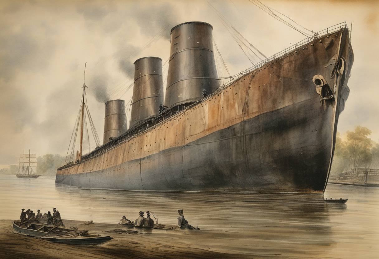 Watercolor painting based depiction of The Confederate ironclad CSS Arkansas was scuttled on the Mississippi River after suffering damage during the American Civil War. (1862)