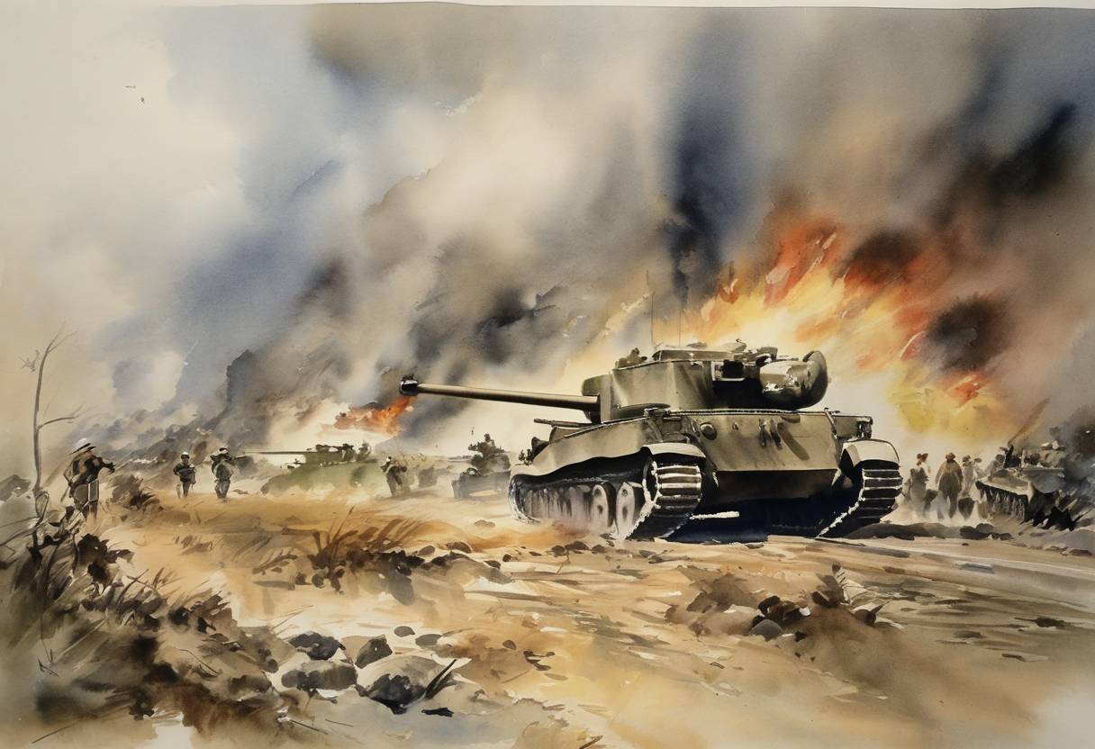 Watercolor painting based depiction of The Siege of Bataan begins during World War II. (1942)