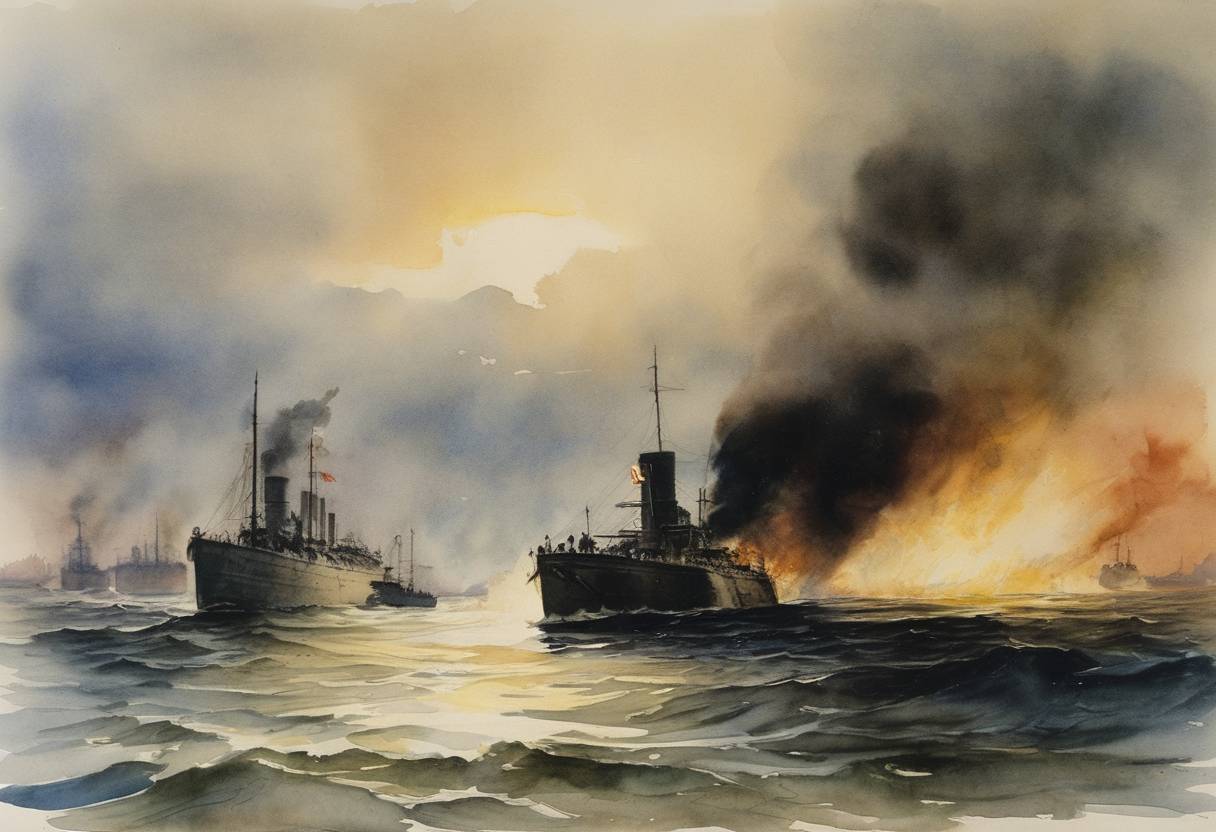 Watercolor painting based depiction of During World War I, Germany's government released a memorandum outlining the intent to intensify submarine warfare against neutral and enemy ships, influencing naval and international policies. (1915)