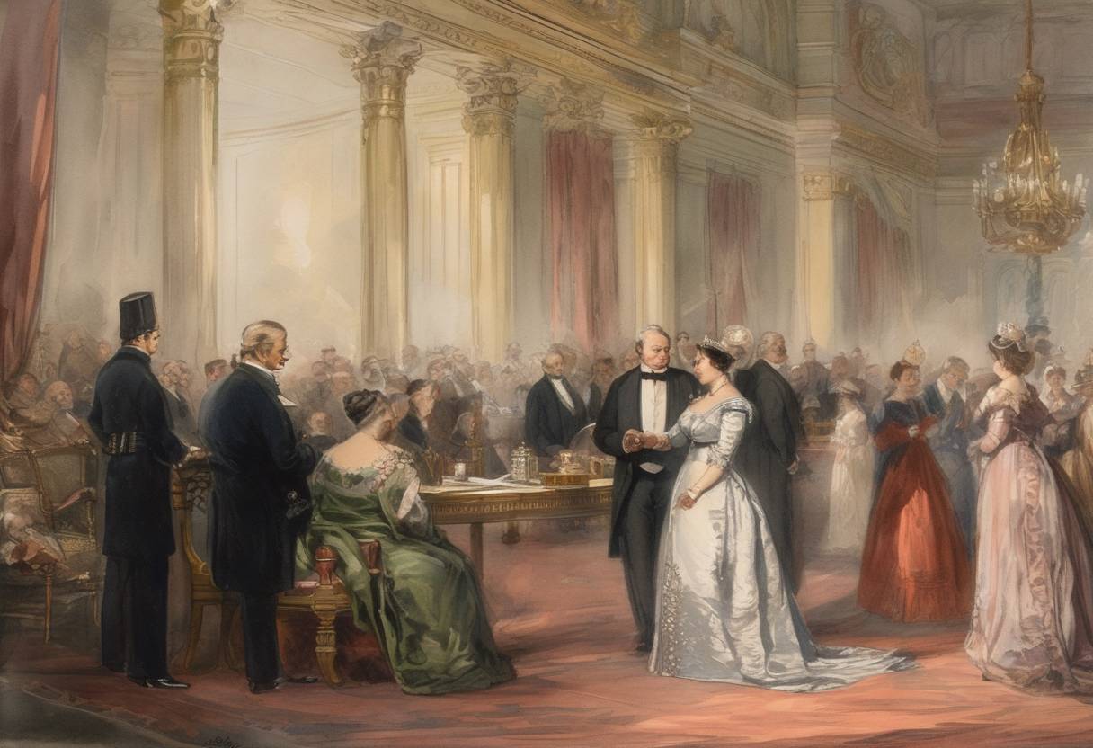Watercolor painting based depiction of Queen Victoria signed the Commonwealth of Australia Constitution Act, the law that enables Australia to become a federated nation. (1900)