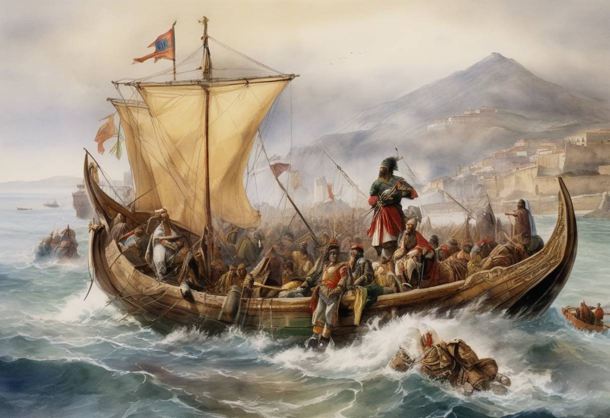 Watercolor painting based depiction of The Muslim conquest of Hispania gains momentum as Tariq ibn Ziyad crosses the Strait of Gibraltar into the Iberian Peninsula, leading a Muslim army that would commence the seven-year Iberian campaign. (711)