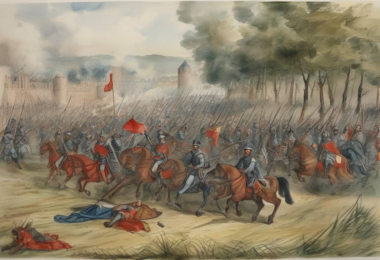 Watercolor painting based depiction of On August 10, 1557, at the Battle of St. Quentin, Spanish forces commanded by Emmanuel Philibert, Duke of Savoy, defeated the French army led by Admiral Gaspard de Coligny. The battle was part of the Habsburg-Valois Wars, specifically the Italian War of 1551–1559, and it solidified Habsburg Spanish control over parts of northern France. (1557)
