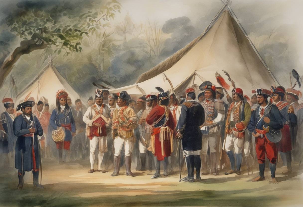 Watercolor painting based depiction of The Treaty of Waitangi was signed by around 40 New Zealand Maori chiefs, an event that formalized the treaty agreements made on February 6, 1840. The treaty is a foundational document in the history of New Zealand. (1842)