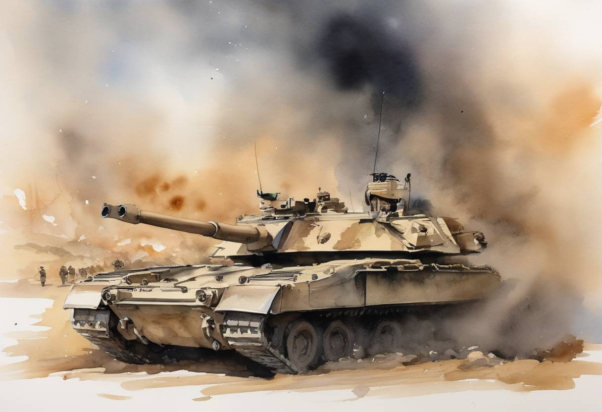 Watercolor painting based depiction of The United States formally announces an end to its support for Saudi-led offensive operations in the Yemen war, emphasizing a renewed focus on diplomatic solutions. (2021)