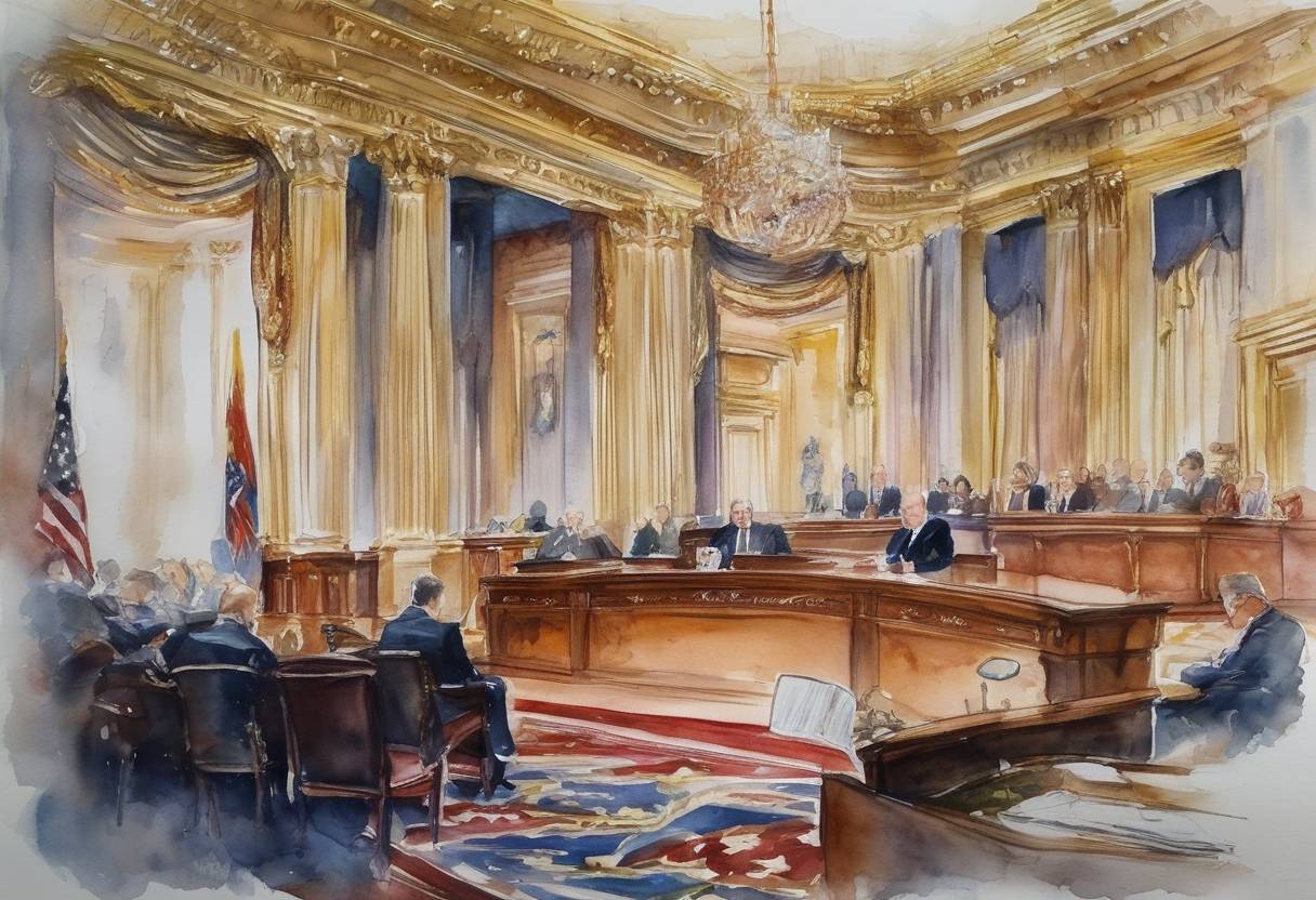 Watercolor painting based depiction of The United States announced sanctions against Russian oligarchs, officials, and businesses, as part of efforts to penalize Russia for its interference in the 2016 U.S. presidential election and other activities. (2018)