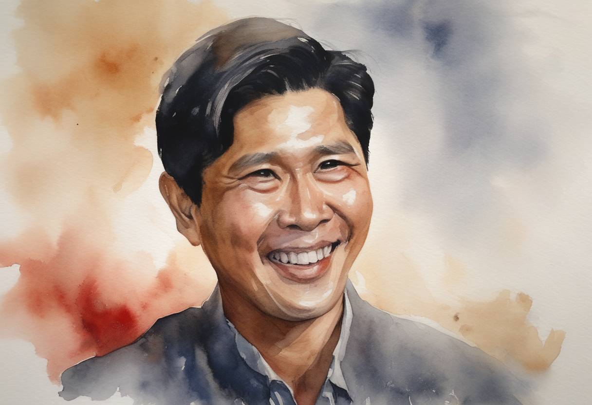 Watercolor painting based depiction of Marcos Jr., the son of former Philippine dictator Ferdinand Marcos, secures a landslide victory in the Philippines presidential elections, marking a significant political shift in the country. (2022)