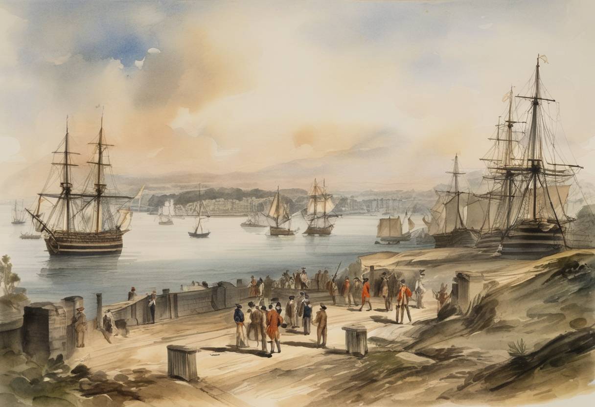 Watercolor painting based depiction of The British First Fleet, led by Captain Arthur Phillip, established a settlement at Sydney Cove, marking the foundation of Sydney, Australia. (1788)