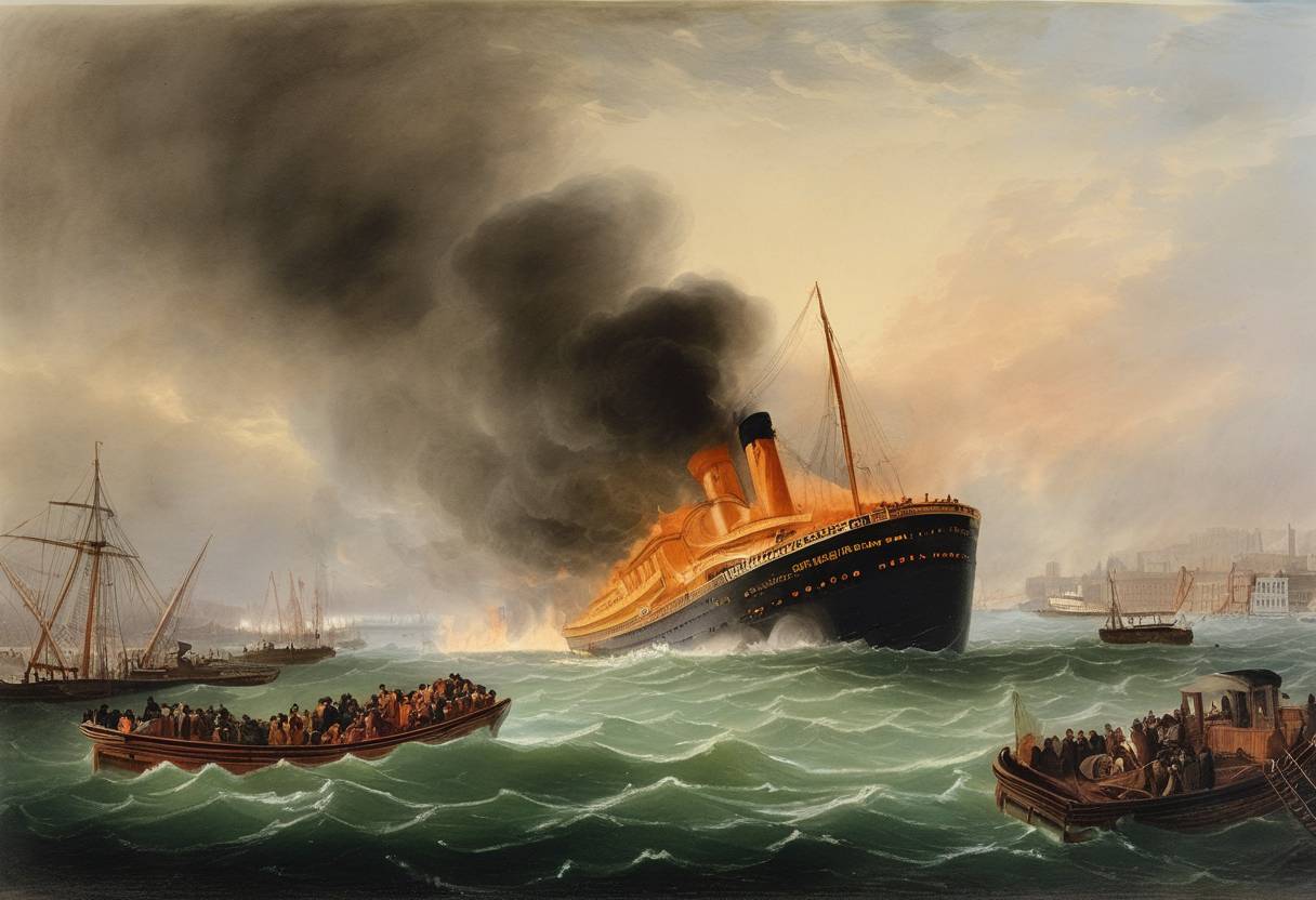 Watercolor painting based depiction of The Staten Island Ferry disaster tragically occurs, when the ferry Westfield's boiler explodes while docked at South Ferry in New York City, leading to significant loss of life. (1871)