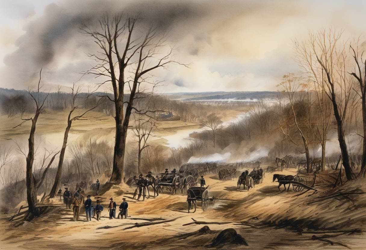 Watercolor painting based depiction of During the American Civil War, the Battle of Fort Donelson ended on February 15, 1862. Union forces, led by Ulysses S. Grant and Andrew H. Foote, captured the fort in Tennessee after Confederate forces attempted a breakout. This victory was significant for the Union, opening the Cumberland River as an invasion route into the Southern states. (1862)