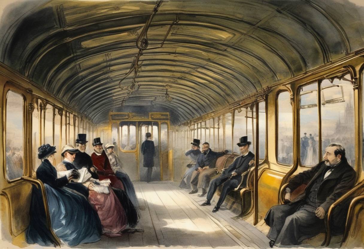 Watercolor painting based depiction of The first official passenger ride on the Paris Métropolitan took place, marking the beginning of the famous Paris subway system. (1854)