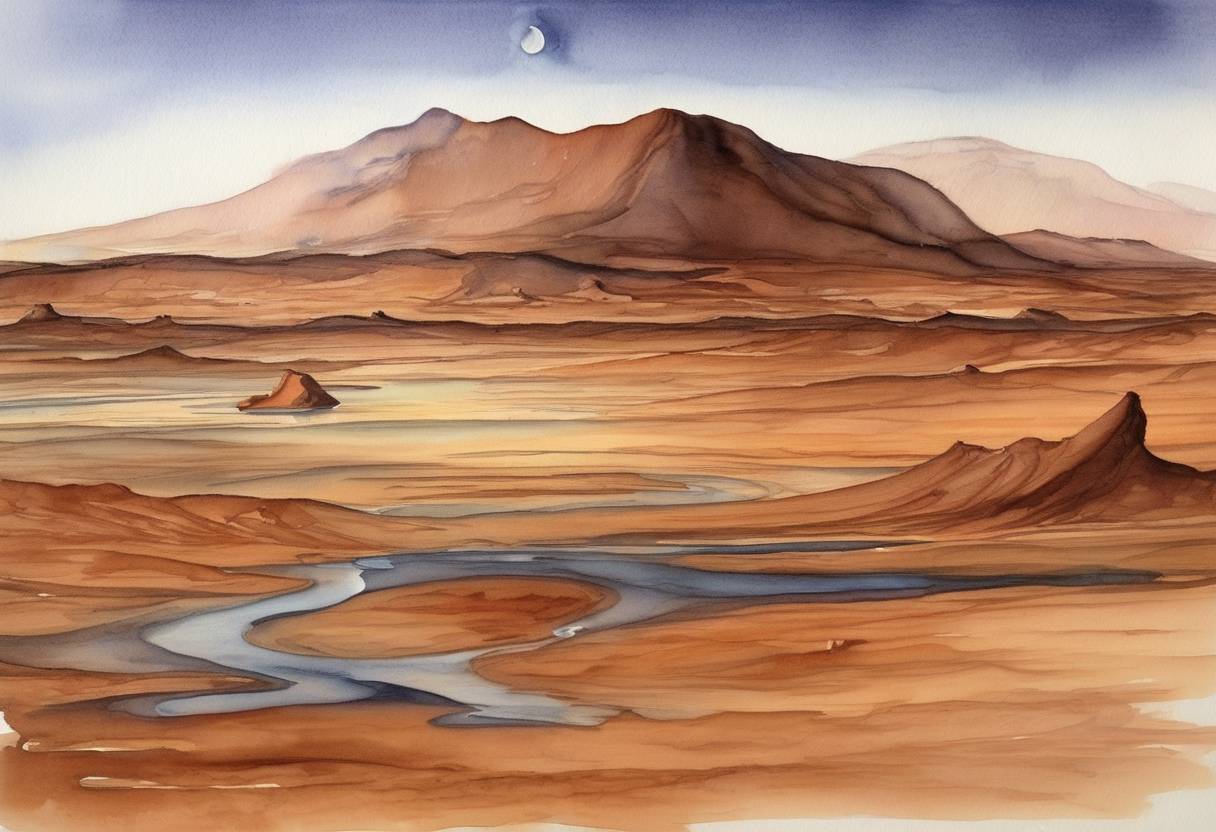 Watercolor painting based depiction of NASA announced that liquid water flows intermittently on present-day Mars, a significant discovery in the search for extraterrestrial life. (2015)