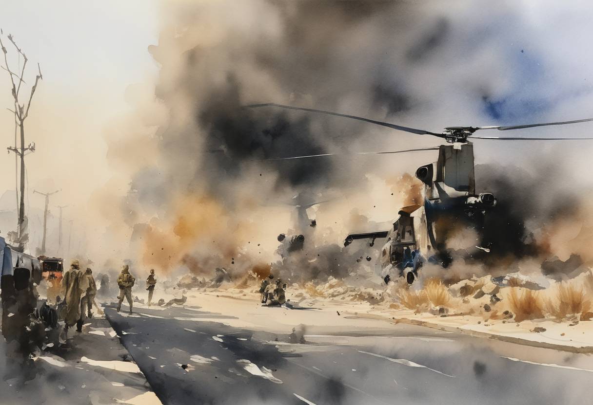 Watercolor painting based depiction of Twin blasts near Kabul's Hamid Karzai International Airport killed dozens, including U.S. service members and Afghan civilians. (2021)