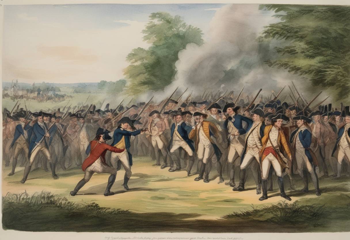 Watercolor painting based depiction of Shays' Rebellion began with an armed uprising in response to economic injustices and harsh government policies in the United States. (1786)