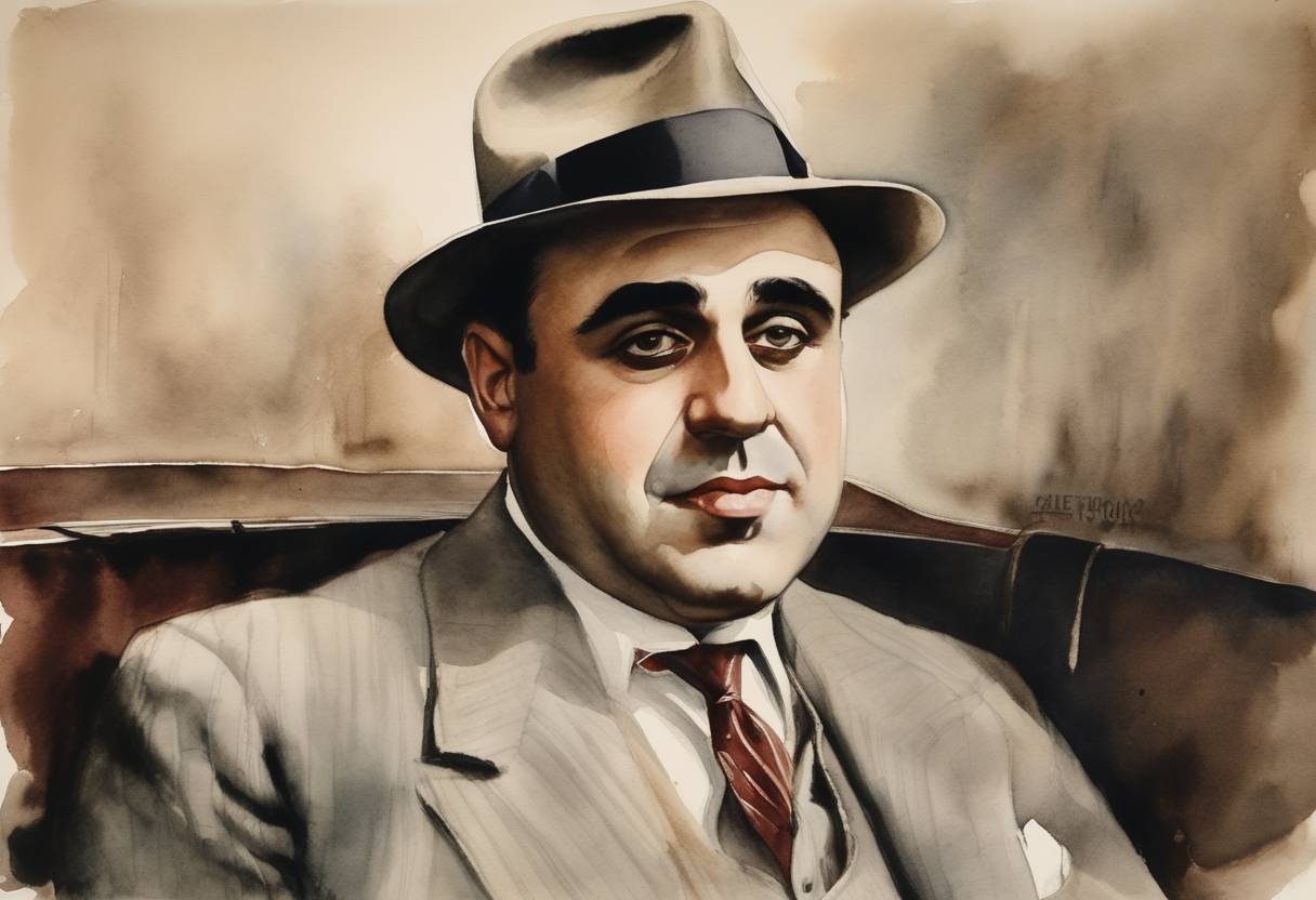Watercolor painting based depiction of American gangster Al Capone was convicted of income tax evasion. (1931)
