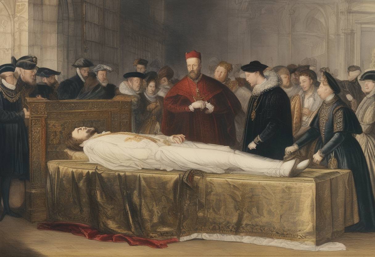 Watercolor painting based depiction of Death of Thomas Seymour. An influential figure during the reign of Edward VI of England, Seymour's political ambitions and relationships with the monarchy made him a key player in the Tudor court before his execution earlier in the same year. (1549)