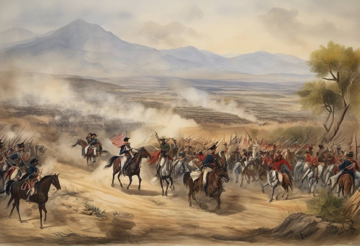 Watercolor painting based depiction of The Battle of Brazito took place during the Mexican-American War. U.S. troops under Colonel Alexander W. Doniphan defeated a Mexican force near El Paso in present-day New Mexico, contributing to the U.S. military campaign's success in the region. (1846)