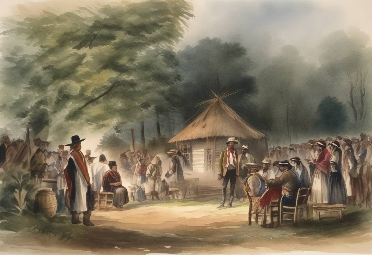 Watercolor painting based depiction of The Treaty of New Echota is signed, ceding Cherokee land to the United States in return for compensation, leading to the forced removal of the Cherokee people known as the Trail of Tears. (1835)