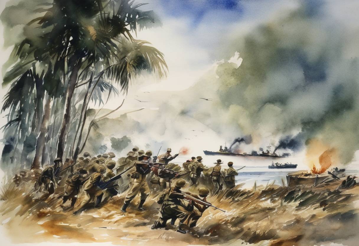 Watercolor painting based depiction of The Battle of Cape Esperance begins during the Guadalcanal Campaign in World War II, resulting in an Allied victory. (1942)