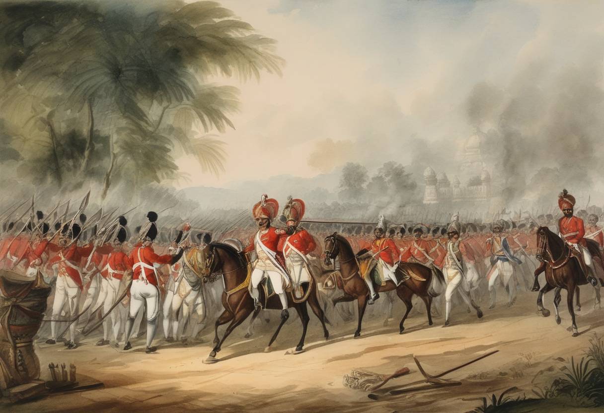 Watercolor painting based depiction of The Battle of Seringapatam in India marks a British East India Company's significant victory over Tipu Sultan, which led to the eventual fall of Mysore Kingdom. (1798)