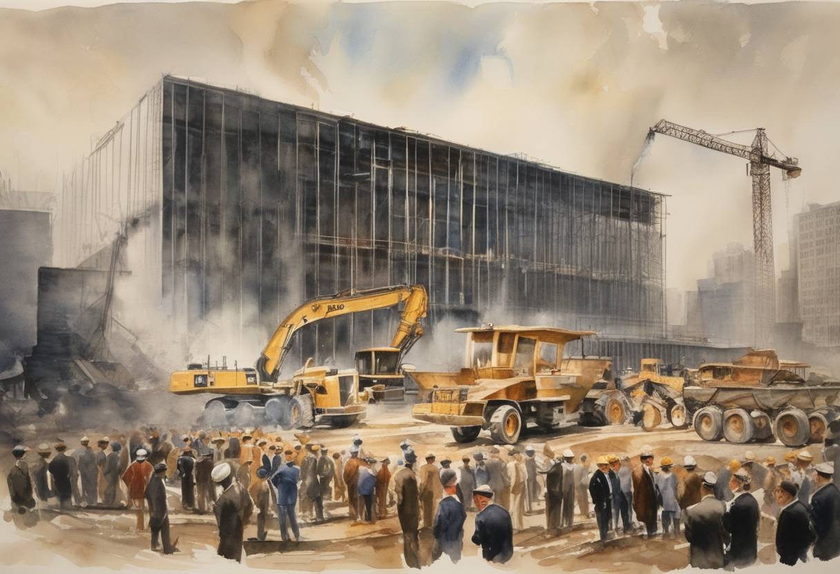 Watercolor painting based depiction of A groundbreaking ceremony took place for the construction of the United Nations Headquarters in New York City. (1948)