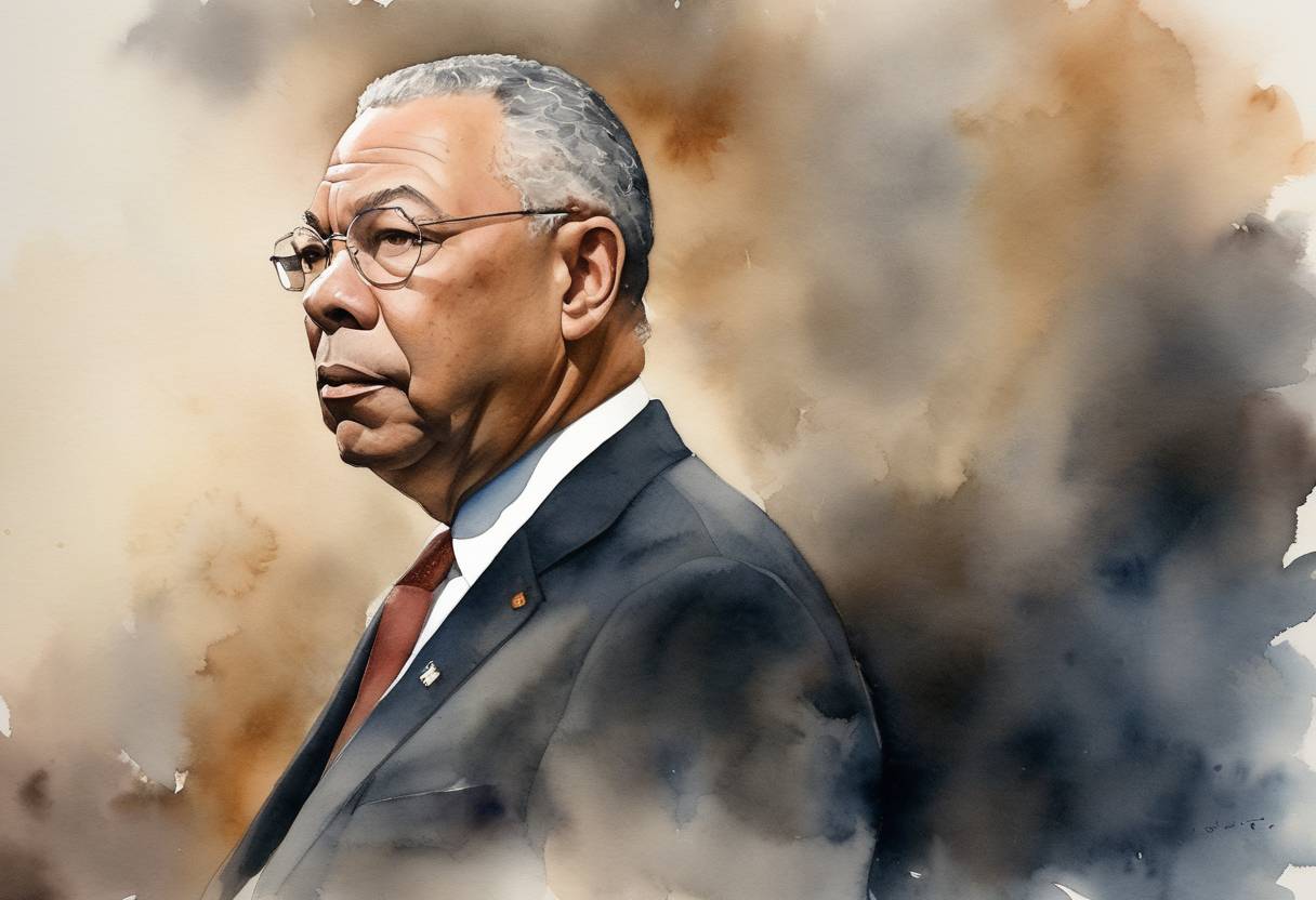 Watercolor painting based depiction of Colin Powell, the first African American U.S. Secretary of State, passed away due to complications related to COVID-19. (2021)