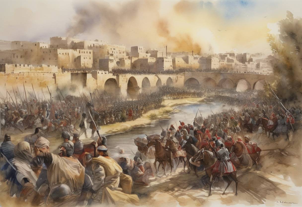 Watercolor painting based depiction of The Battle of Yarmouk ends with a decisive victory for the Rashidun Caliphate, led by commander Khalid ibn al-Walid, over the Byzantine Empire. This battle marked a significant turning point in the Muslim conquests, leading to the rapid Islamic expansion into the Levant. (634)