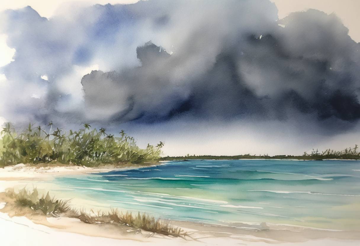 Watercolor painting based depiction of Hurricane Dorian hit the Bahamas as a Category 5 hurricane, causing widespread devastation, making it the worst natural disaster in the country's history. (2019)