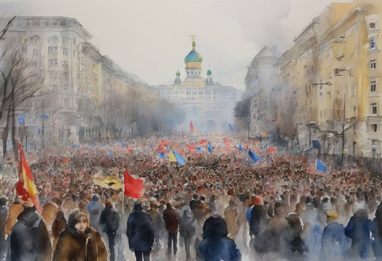 Watercolor painting based depiction of Anti-government protests in Ukraine continued to grow, drawing an estimated 800,000 people in Kyiv, in response to President Yanukovych's decision to suspend an association agreement with the EU and turn towards Russia instead. (2013)
