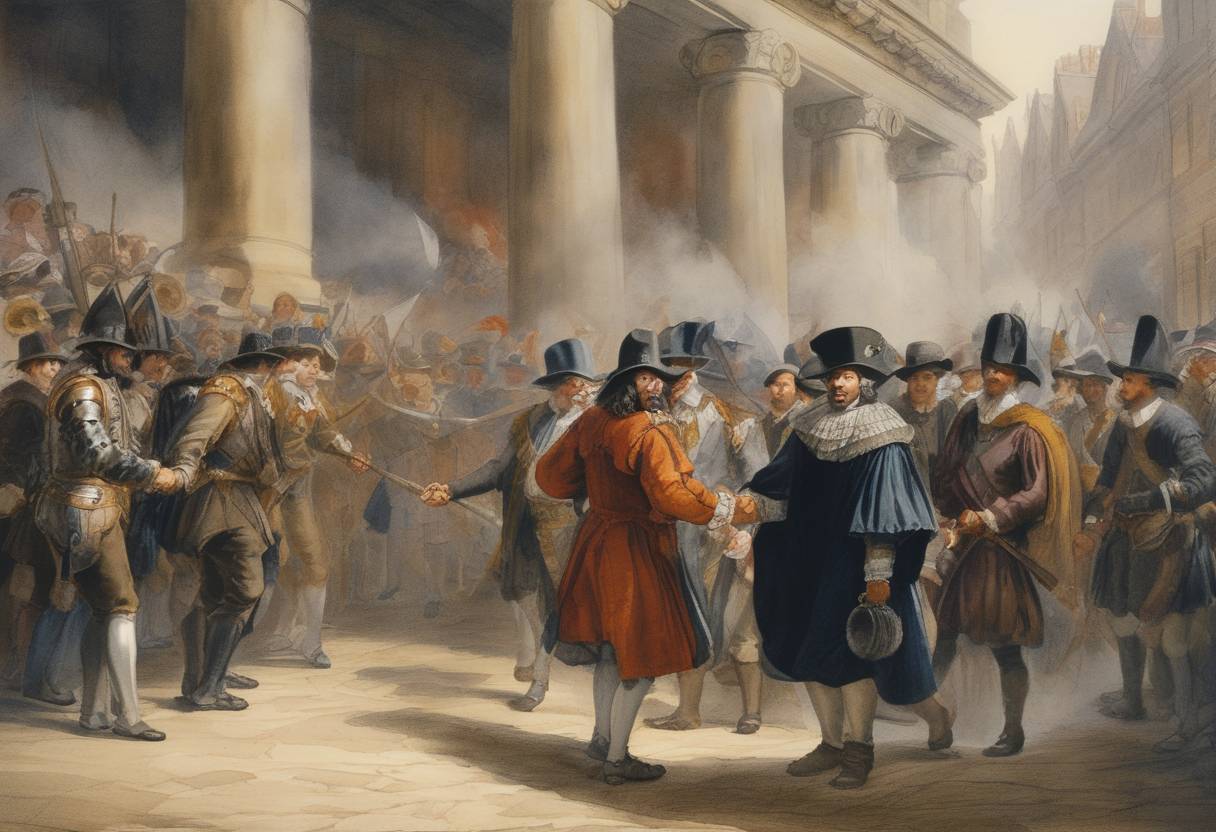Watercolor painting based depiction of Pride's Purge took place during which Colonel Thomas Pride physically barred presbyterian members from entering the Parliament, leaving a Rump Parliament of Independents. (1648)