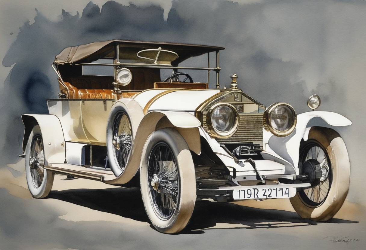 Watercolor painting based depiction of The last Rolls-Royce Silver Ghost produced. The Rolls-Royce 40/50 model, known as the Silver Ghost, entered production in 1906 and ended with this final unit, marking it as one of the most celebrated cars in automotive history. (1924)