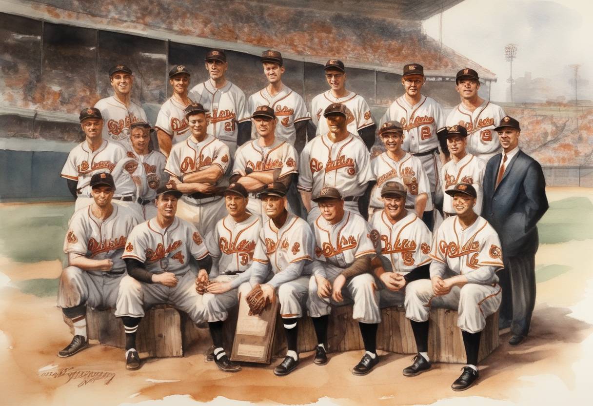 Watercolor painting based depiction of The St. Louis Browns of Major League Baseball were awarded to a group in Baltimore, leading to the team's relocation and rebranding as the Baltimore Orioles. (1953)