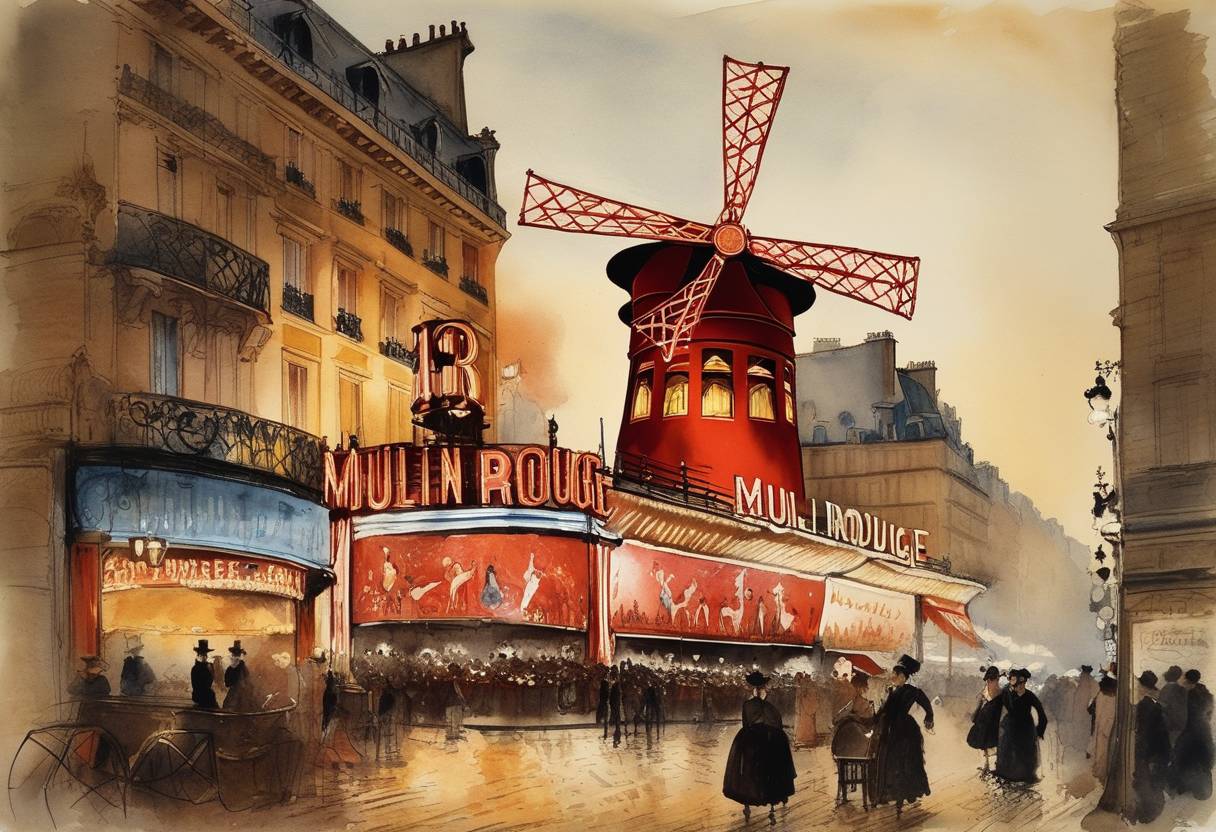 Watercolor painting based depiction of The Moulin Rouge cabaret opens in Paris. (1889)
