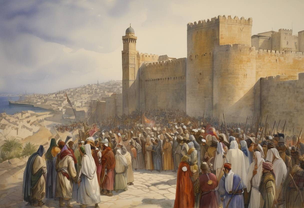 Watercolor painting based depiction of The Treaty of Jaffa was signed, ending hostilities between Richard the Lionheart of England and Saladin during the Third Crusade, securing Muslim control of Jerusalem while allowing Christian pilgrims access to the city. (1192)