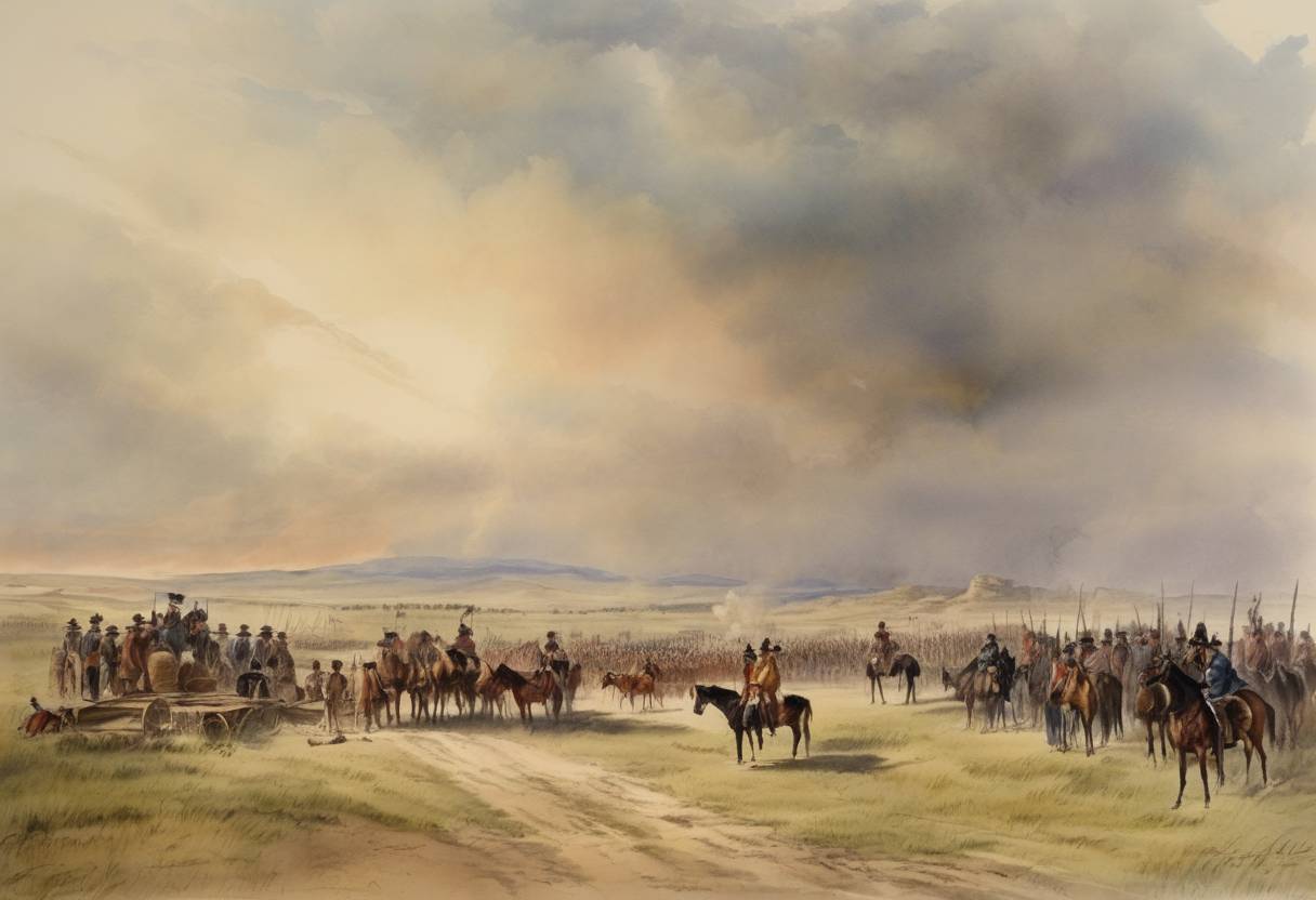 Watercolor painting based depiction of A treaty was signed at Fort Robinson, Nebraska, formally ending the Great Sioux War of 1876-77 between the United States and the Sioux Nation, marking the end of fighting, the Sioux's relinquishment of their Black Hills territory, and the eventual settlement onto reservations. (1877)