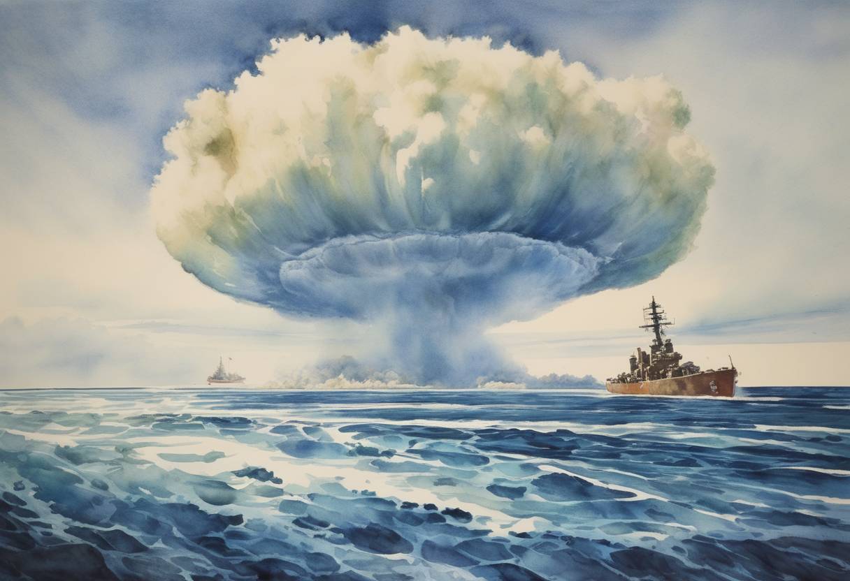 Watercolor painting based depiction of The first North Pole nuclear test close to Enewetak Atoll is conducted by the United States, marking an important moment in Cold War military history. (1951)