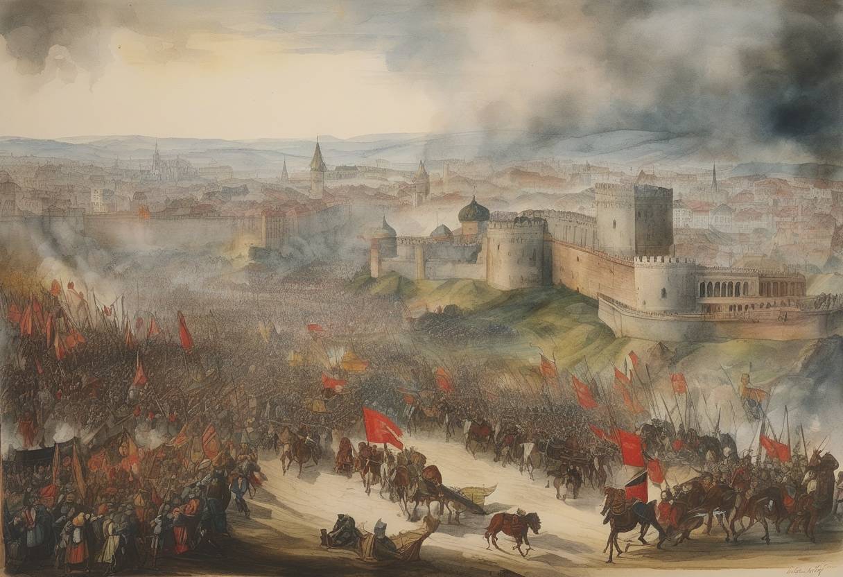 Watercolor painting based depiction of The Siege of Vienna ended, with the Ottoman Empire failing to capture the city from the Habsburgs, thus marking a key turning point in the Ottoman-Habsburg wars. (1529)