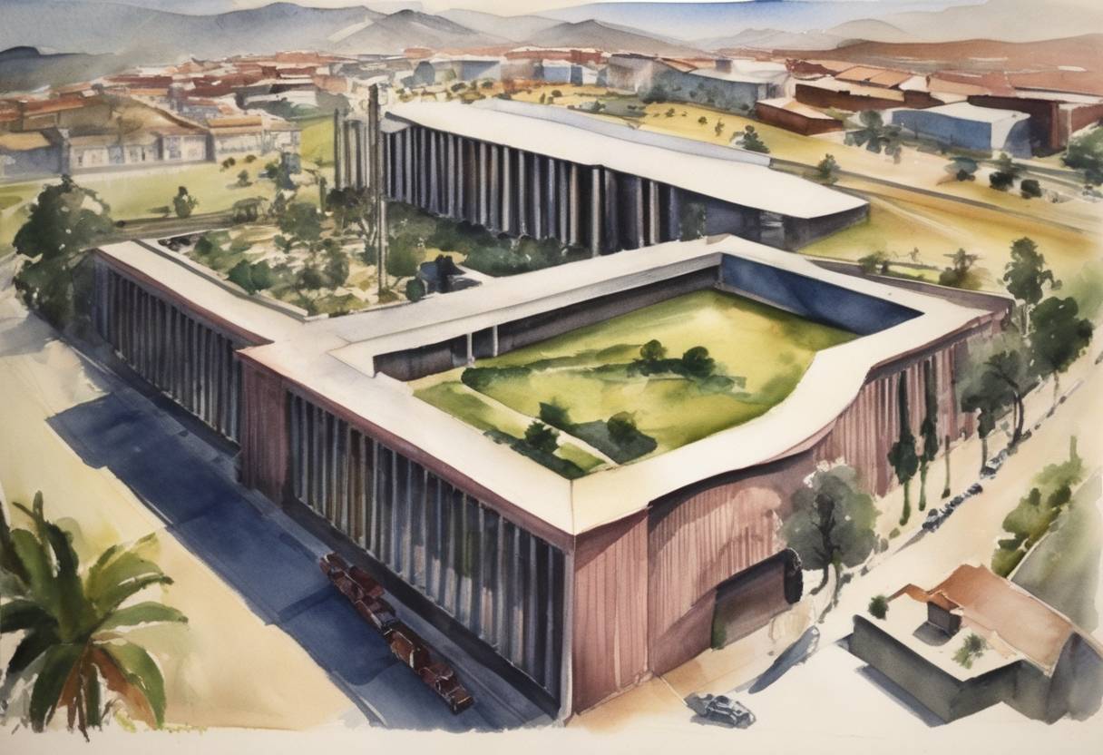 Watercolor painting based depiction of The Monterrey Institute of Technology and Higher Education was founded, one of the foremost private and secular universities in Mexico. (1943)