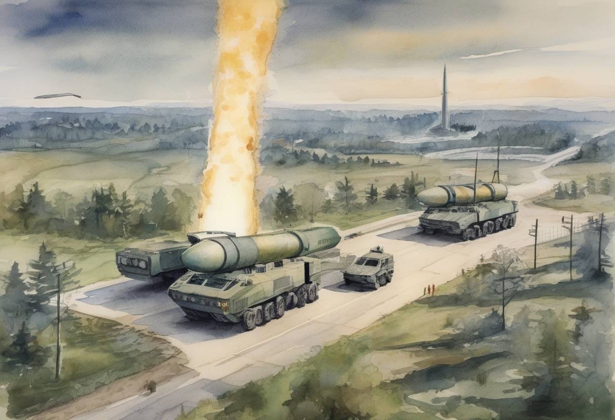 Watercolor painting based depiction of The United States withdraws from the Anti-Ballistic Missile Treaty, a 1972 arms control agreement with the Soviet Union, citing the need to develop missile defense systems. (2002)