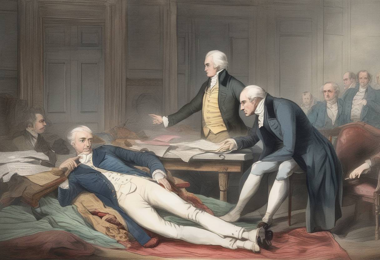 Watercolor painting based depiction of British Prime Minister Spencer Perceval is assassinated by John Bellingham in the House of Commons. (1812)