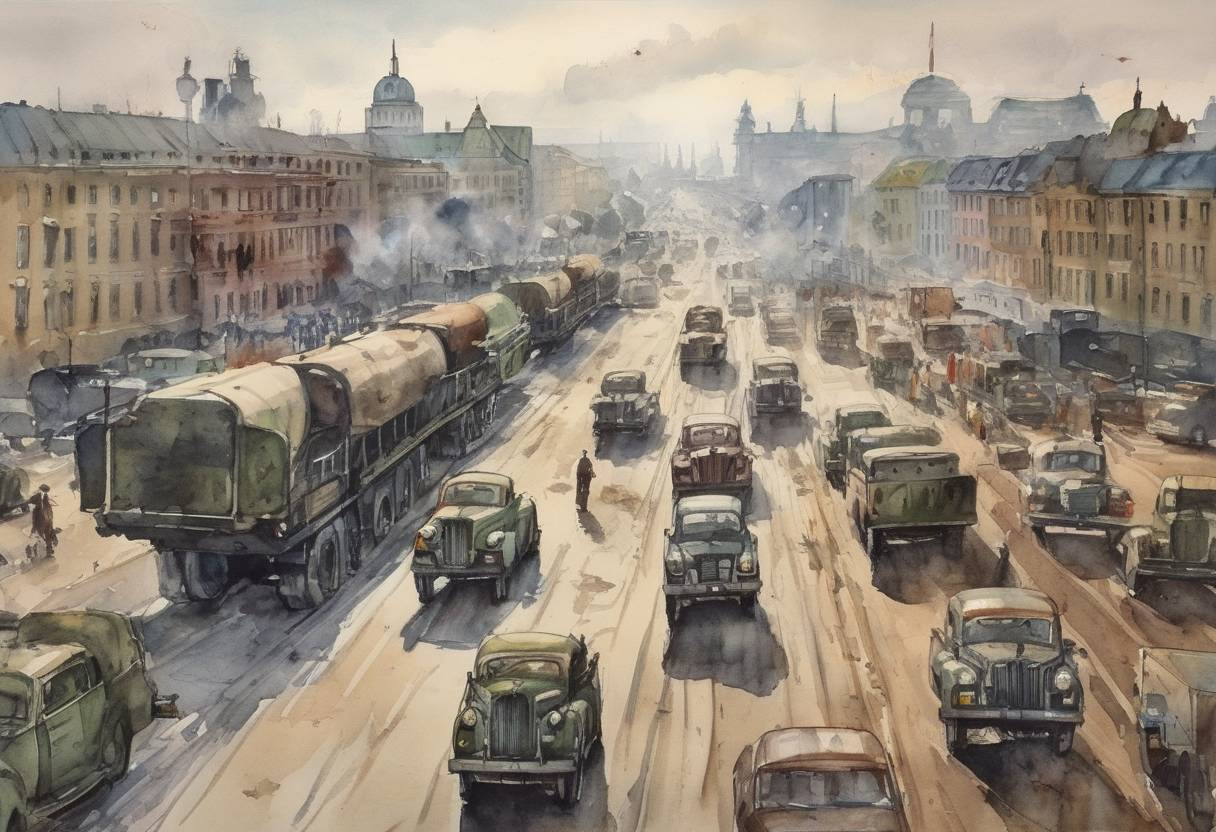 Watercolor painting based depiction of The Soviet Union lifted the Berlin Blockade, which had been in place since June 1948, allowing supplies to flow into West Berlin and marking a significant moment in the early Cold War. (1949)