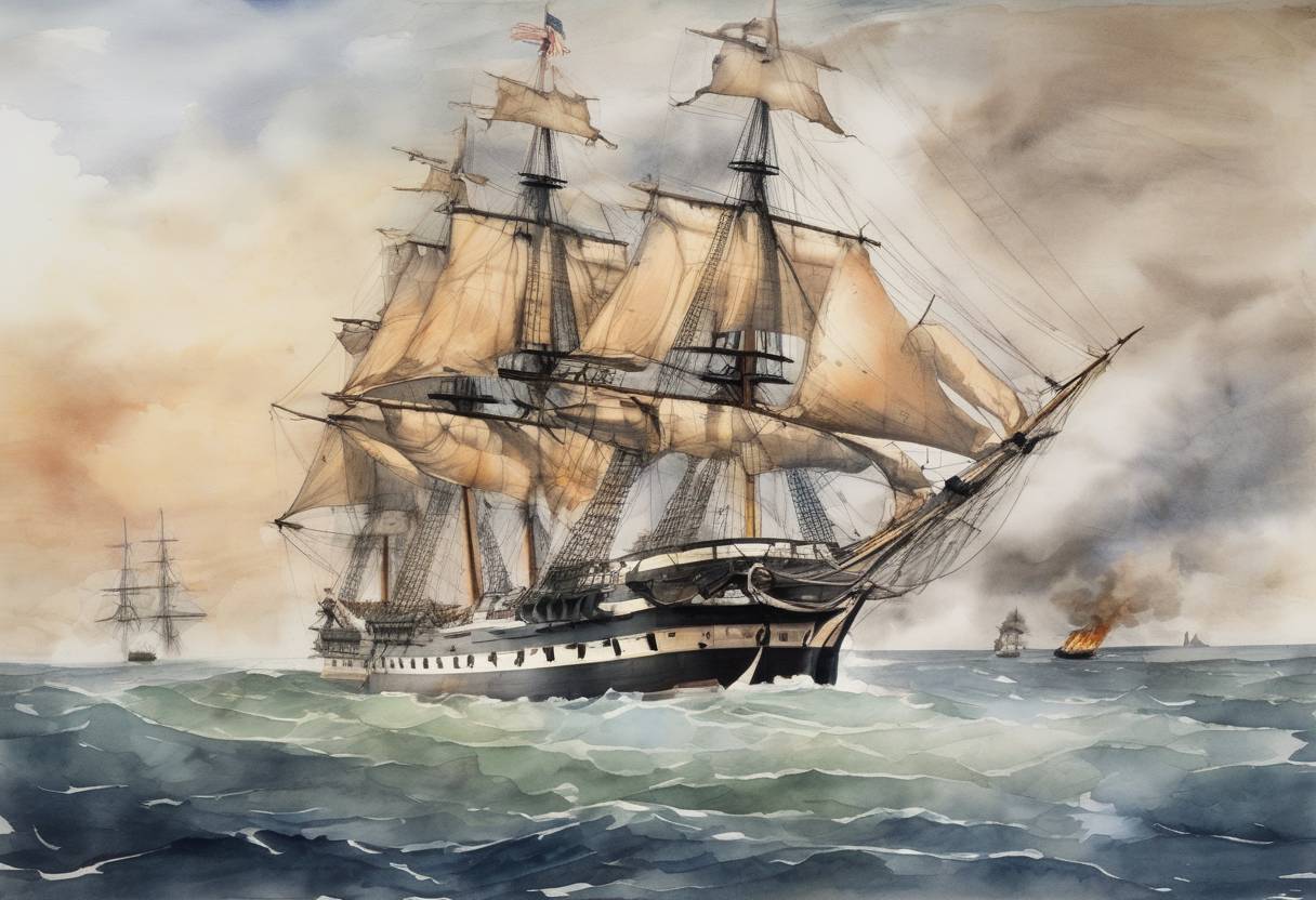 Watercolor painting based depiction of The USS Constitution defeats the HMS Guerriere off the coast of Nova Scotia during the War of 1812. (1812)
