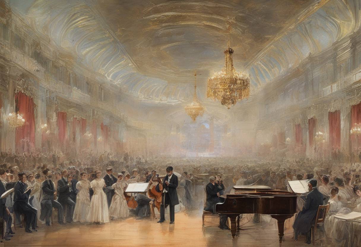 Watercolor painting based depiction of Pyotr Ilyich Tchaikovsky's 1812 Overture debuts in Moscow. (1882)