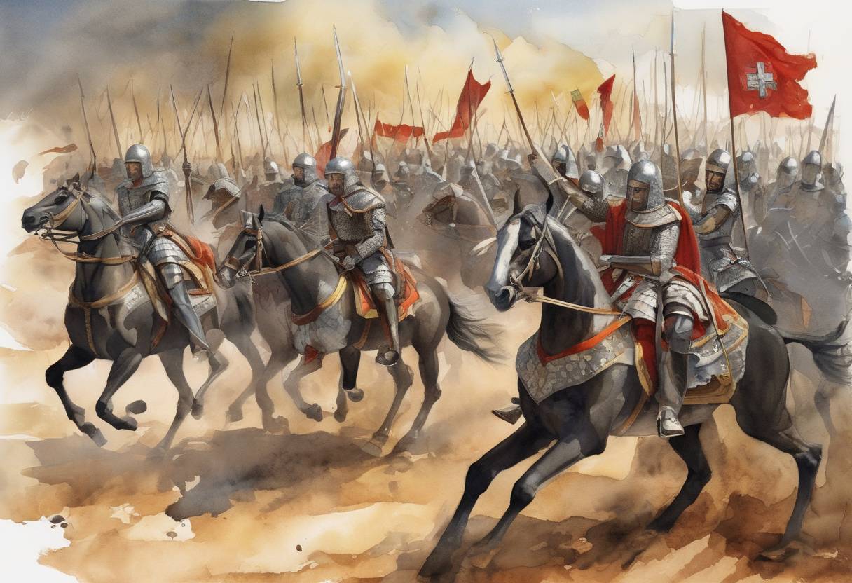 Watercolor painting based depiction of The Battle of Ourique took place, where Portuguese forces led by Afonso I defeated the Almoravid Moors, marking a significant step towards Portuguese independence. (1139)