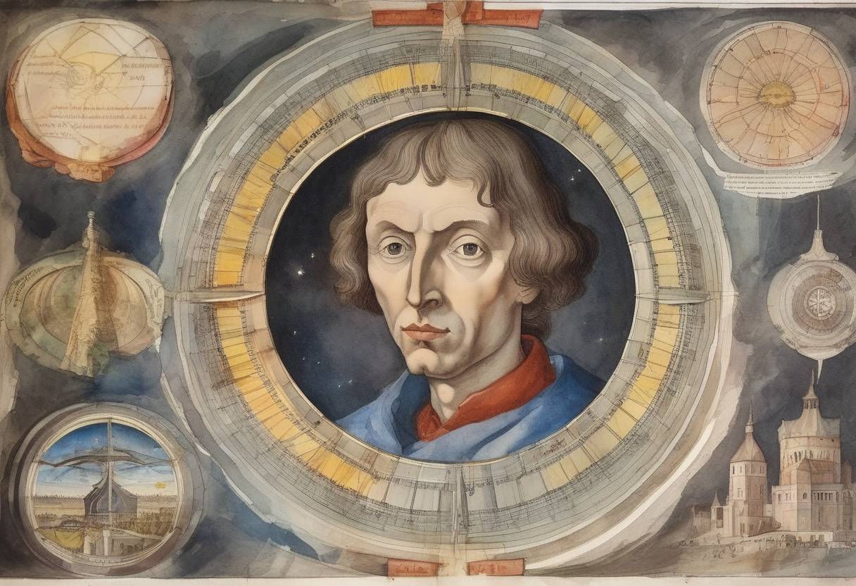Watercolor painting based depiction of Nicolaus Copernicus, the Renaissance mathematician and astronomer who formulated a model of the universe that placed the Sun rather than Earth at its center, was born. (1473)