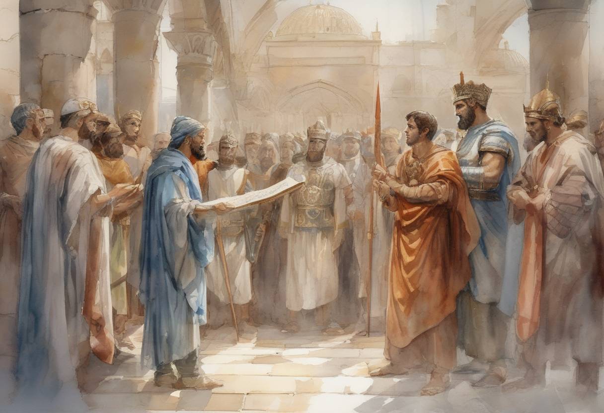 Watercolor painting based depiction of The Roman Emperor Julian promulgates an edict that recognizes the rights of all religions in the Roman Empire, effectively ending the persecution of Christians and other religious groups. (362)