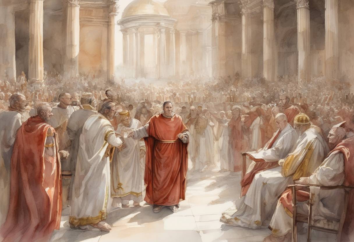 Watercolor painting based depiction of Pope Marcellinus begins his papacy. (296)
